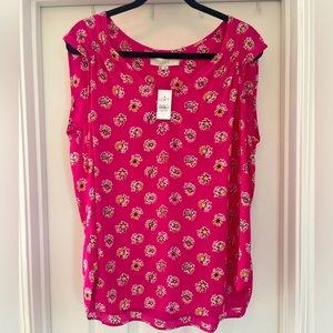 NWT LOFT Sleeveless V-Neck Blouse Floral Fuchsia Ruched Shoulders